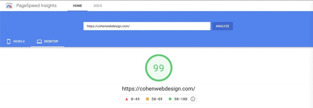 Google Page Speed test showing that Cohen Web Design, based out of Binghamton, NY, performs in the top 1% of all websites on the web!
